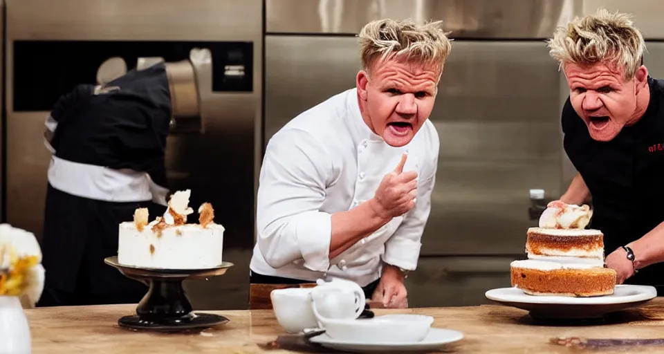 Image similar to photo of angry furious Gordon Ramsay smashing a cake in Gordon Ramsay's face at the kitchen