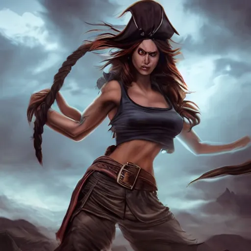 Prompt: a strong young pirate woman in a sleeveless vest, mid twenties, angry, black lines running up her arms like veins, fighting, storm clouds in the background, long dark hair, character art, full body art, Dungeons and Dragons, D&D, trending on artstation, artgerm, 4k ultra hd, sharp focus, digital art by Ilya Kuvshinov and Ross Tran,