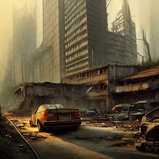 Image similar to postapocalyptic city of munic!!!, wild forest!!! vegetation!!!, rubble!!, rusty bmw cars!!, hyperrealistic, highly detailed, cinematic, foggy light from fires, beautiful, cgssociety, artstation, 8 k, oil painting by greg rutkowski, by artgerm, by wlop