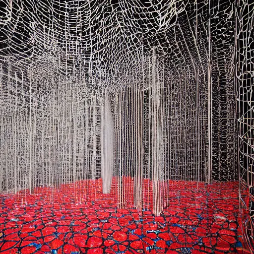 Image similar to fantastical structures by Chiharu Shiota and Yayoi Kusama