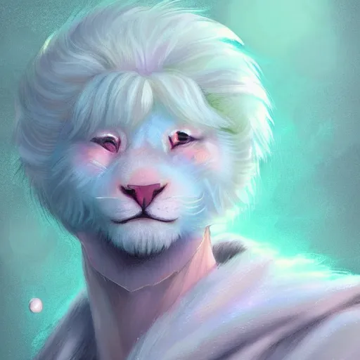 Prompt: aesthetic portrait commission of a albino male furry anthro lion surrounded by glistening floating bubbles while wearing a cute mint colored cozy soft pastel winter outfit, winter Atmosphere. Character design by charlie bowater, ross tran, artgerm, and makoto shinkai, detailed, inked, western comic book art, 2021 award winning painting