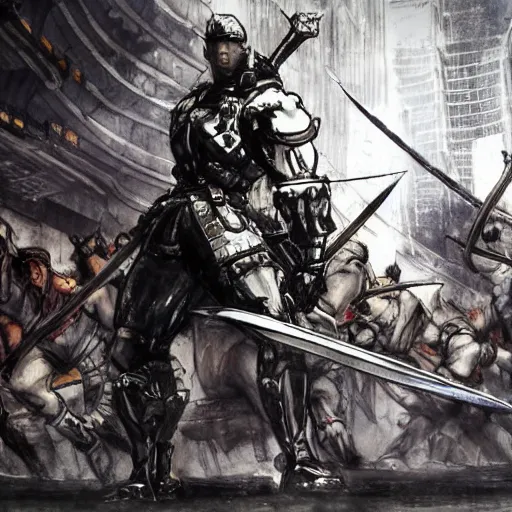 Image similar to one hero with sword looking at army of swordsmen in the background, in the middle of an arena, crowd of people, pencil art, straight, clear, added detail, high definiton, colored, backfacing, by yoji shinkawa