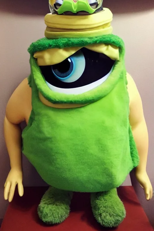 Image similar to a mix of mike wazowski and george clooney wearing a toga and helmet with goggles