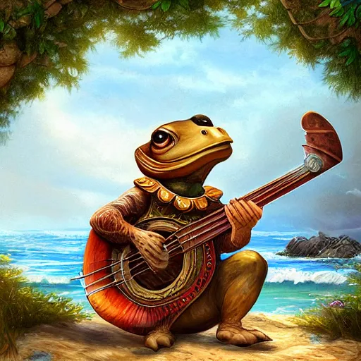 Prompt: an anthropomorphic tortoise playing a lute by the sea, Highly detailed and beautiful fantasy art trending in art station.