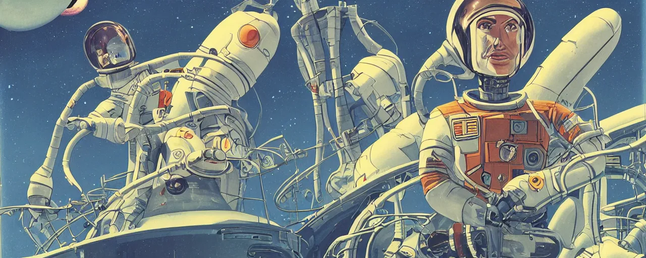 Image similar to a portrait of astronaut pilot on field spaceship station landing laying lake artillery outer worlds in FANTASTIC PLANET La planète sauvage animation by René Laloux