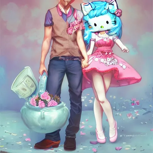 Image similar to Couple love, Hello Kitty theme, by Stanley Artgerm Lau, WLOP, Rossdraws, James Jean, Andrei Riabovitchev, Marc Simonetti, Yoshitaka Amano, ArtStation, CGSociety,