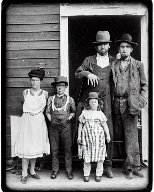 Image similar to “a black and white photograph of a successful Appalachian bootlegging family of four during prohibition, posed on the porch with a jars of moonshine, realistic, vintage, grainy film, 4k”