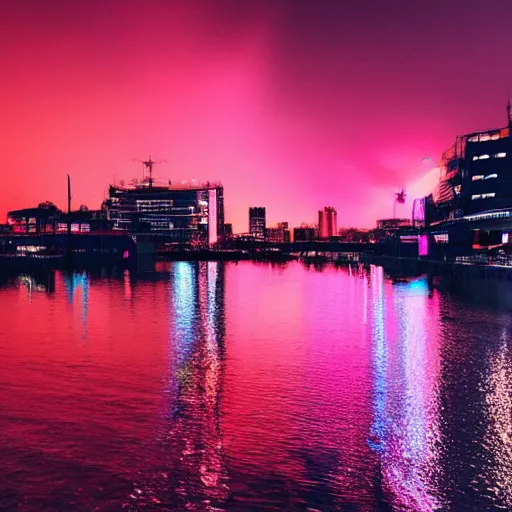 Image similar to the city lights were bright pink and orange and shone overhead. the harbour looked beautiful the sun reflecting off of the water and the neon lights of the city gave of a warm feeling, trending on artstation