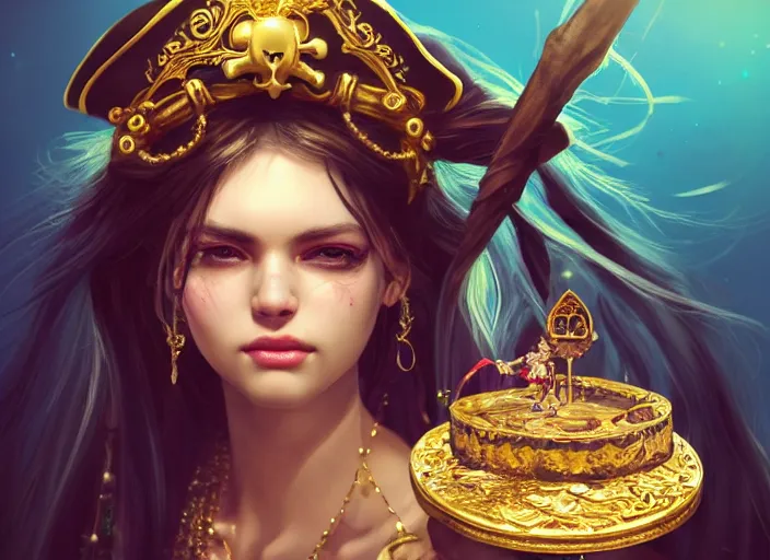 Image similar to full body picture of a pirate girl, hard breathing, messy hair, very excited, sparkling eyes, front of the treasure box, jewels and gold on the background, coveted, beautiful and aesthetic and attractive and detailed face, specular reflection, occlusion shadow, intricate, bokeh, masterpiece, by ilya kuvshinov and ross tran and quentin mabille