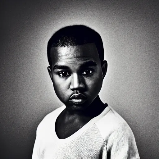 Prompt: the face of young kanye west wearing yeezy clothing at 1 1 years old, black and white portrait by julia cameron, chiaroscuro lighting, shallow depth of field, 8 0 mm, f 1. 8