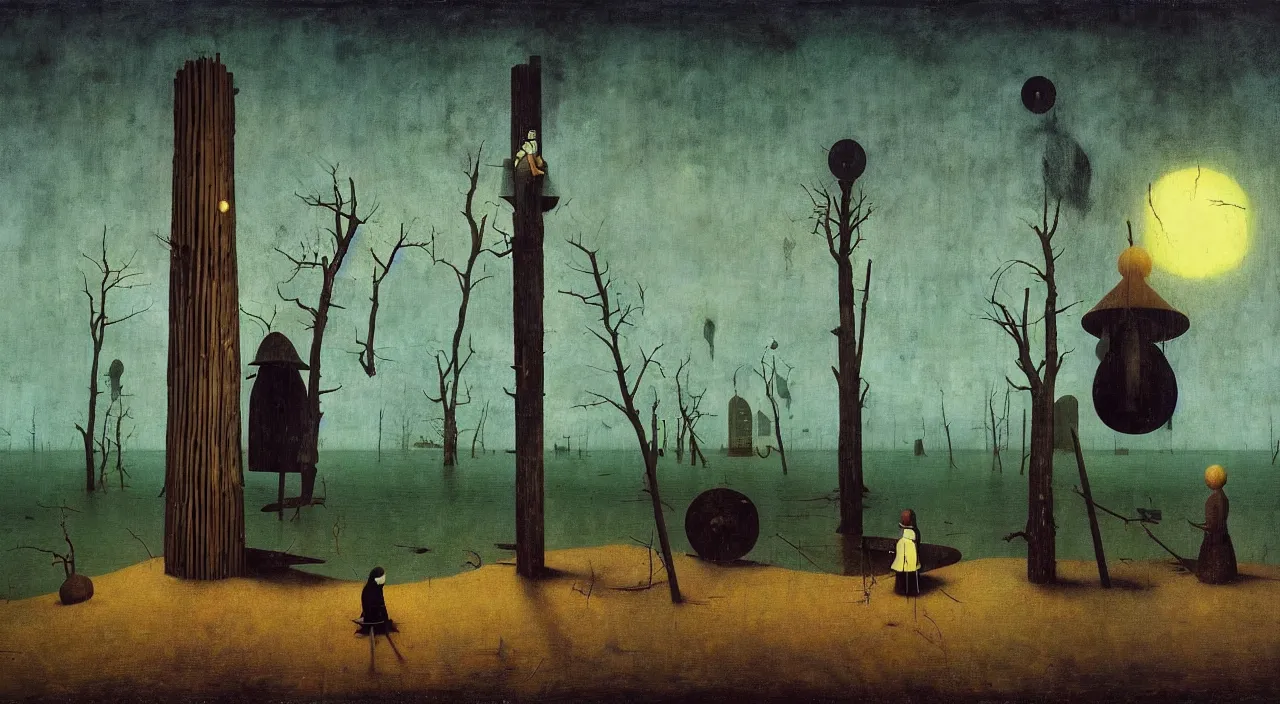 Prompt: single flooded wooden pole, very coherent and colorful high contrast masterpiece by franz sedlacek hieronymus bosch dean ellis simon stalenhag rene magritte gediminas pranckevicius, dark shadows, sunny day, hard lighting