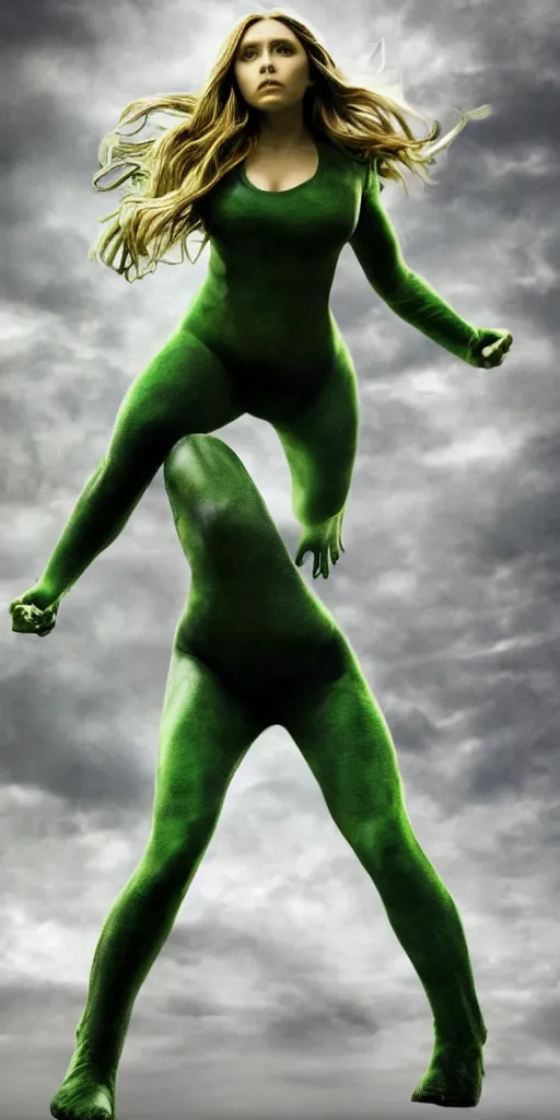 Image similar to Photorealistic art of Elizabeth Olsen as shehulk, full body, action shot, high definition, cinematic, realistic