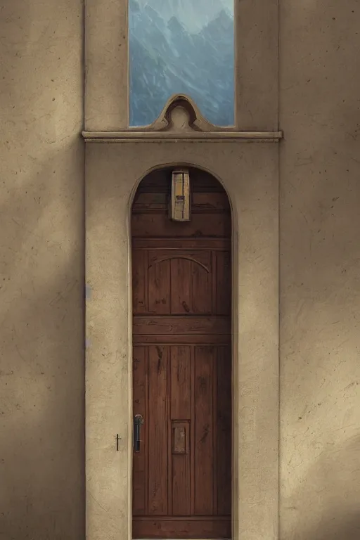 Prompt: full photo of a stunning wooden door with engravings. architecture. wooden frames. cement building. trending on artstation. cgsociety. art by greg rutkowski and thomas kinkade