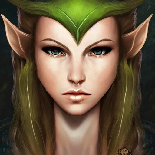 Prompt: portrait, 30 years old women :: fantasy elf :: amber eyes, long straight darkblond hair :: attractive, symmetric face :: green and brown medieval cloting, natural materials :: high detail, digital art, RPG, concept art, illustration