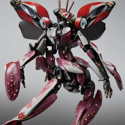 Image similar to futuristic ophrys insectifera mecha fly orchid body, sepals forming helmet, floral details, ophrys, 8 k hd resolution, barbatos gundam with floral inlay, bandai box art, star wars, makoto kobayashi, frank gehry, raymond swanland