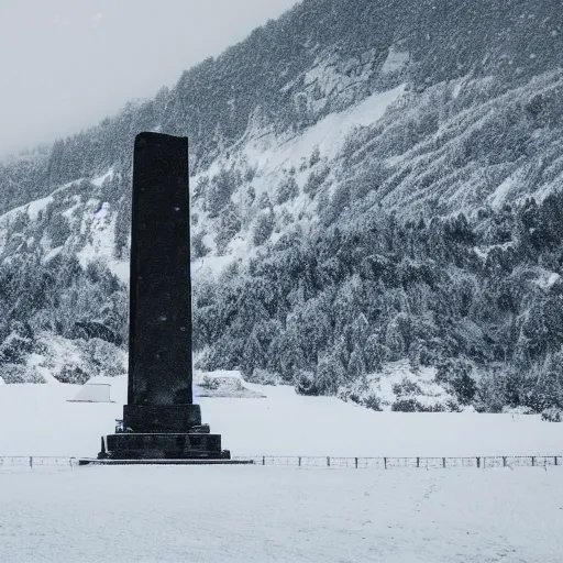 Image similar to a monolithic obelisk temple next to a snowcapped mountain. snowing, overcast sky, grainy.