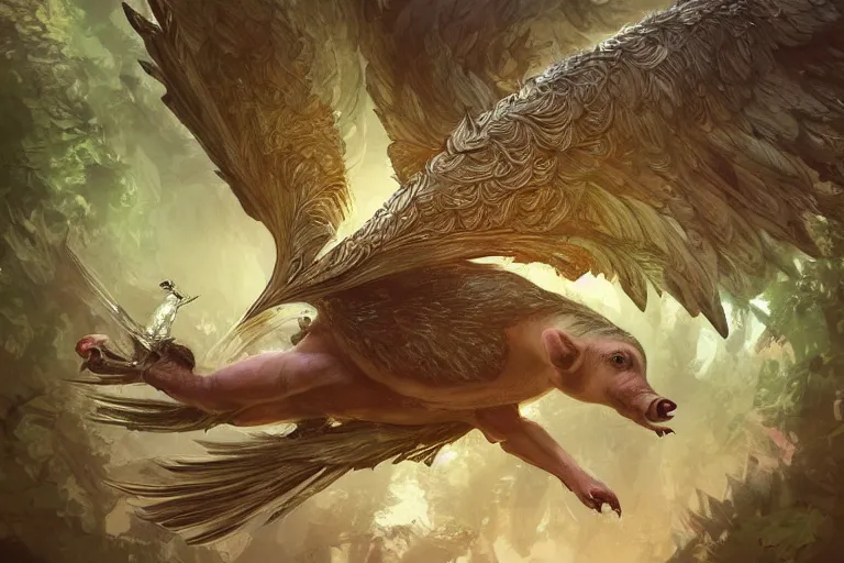 Image similar to a pig with feathered wings, flying above a tropical forest, HD, illustration, epic, D&D, fantasy, intricate, elegant, highly detailed, digital painting, artstation, concept art, smooth, sharp focus, illustration, wallpaper, art by artgerm and greg rutkowski and alphonse mucha and jin xiaodi and anthony devine