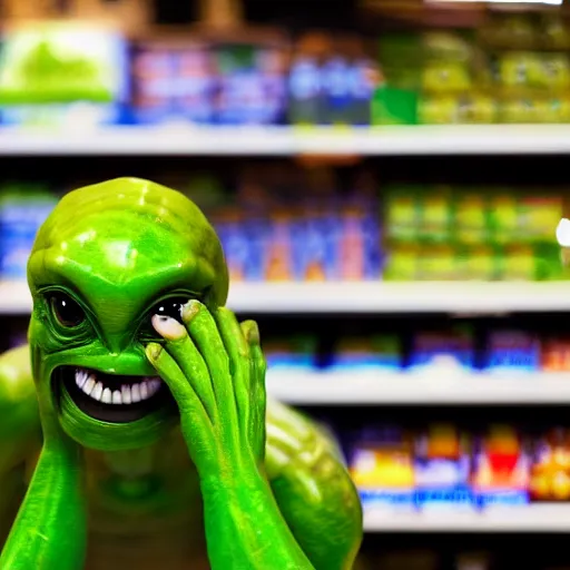 Image similar to mid shot of a green alien buying groceries at the store shot by amanda carlson and alex strelkovv, professional photo, masterpiece, very detailed, 4 k