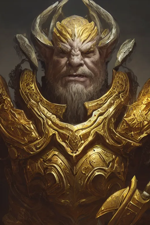 Image similar to a dungeons and dragons storm giant portrait, intricate ornate armor, subject in the middle of the frame, rule of thirds, golden ratio, elegant, digital painting, octane 4k render, zbrush, hyperrealistic, artstation, concept art, smooth, sharp focus, illustration from Warcraft by Ruan Jia and Mandy Jurgens and Artgerm and William-Adolphe Bouguerea