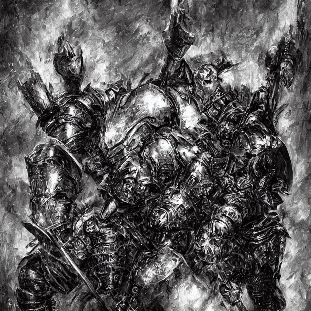 Prompt: a gritty fantasy knight in heavy iron armor holding a large staff, comic book art, fantasy, oil painting, art by jim lee,, dark, moody, dramatic,