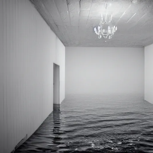 Prompt: flooded all white room, dim lights, surreal, liminal space,