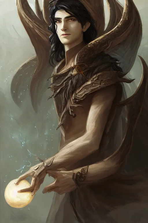 Prompt: portrait of elven teenage boy mage with long black hair holding dragon egg digital painting modern fantasy webtoon manhwa concept art by peter mohrbacher wlop