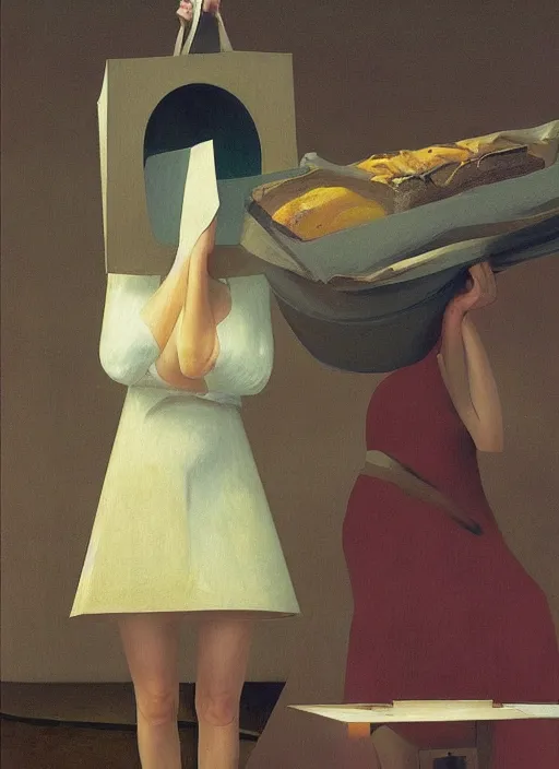 Image similar to women in paper bag over the head and a sward at catwalk restaurant Edward Hopper and James Gilleard, Zdzislaw Beksinski, highly detailed