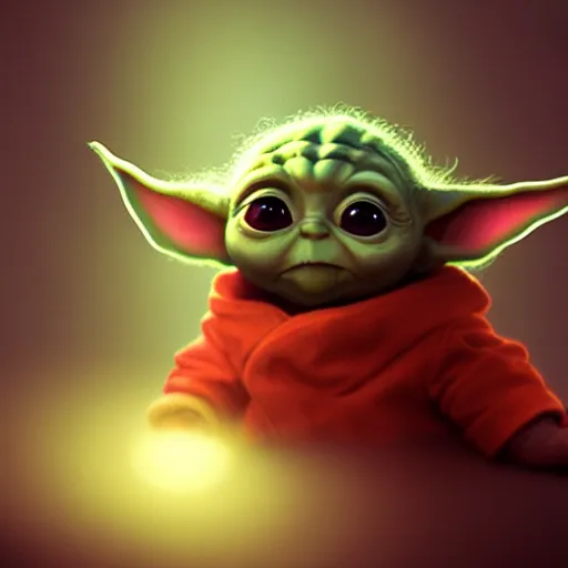 Image similar to baby yoda, trending on artstation, trending on deviantart, backlight, orange light, blue shadows, pink reflections