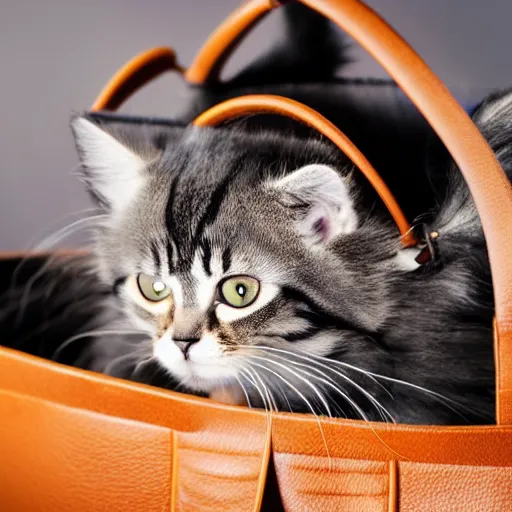 Prompt: lots of furry cute cats inside a big handbag, the handbag is over a wood table, stock photo, gray background, studio lighting, detailed photo, 4 k, 8 k