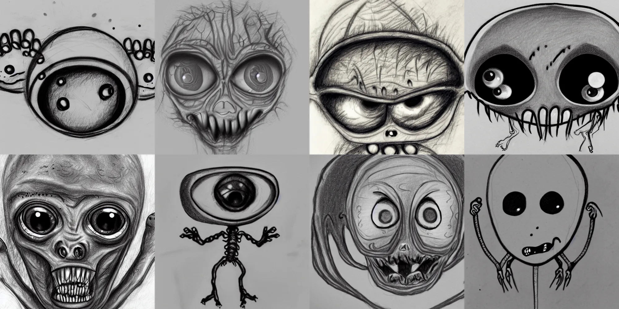 Prompt: a crude pencil sketch of a lots of small eyes alien zombie with multiple eyes and grey oily skin, multiple small black eyes