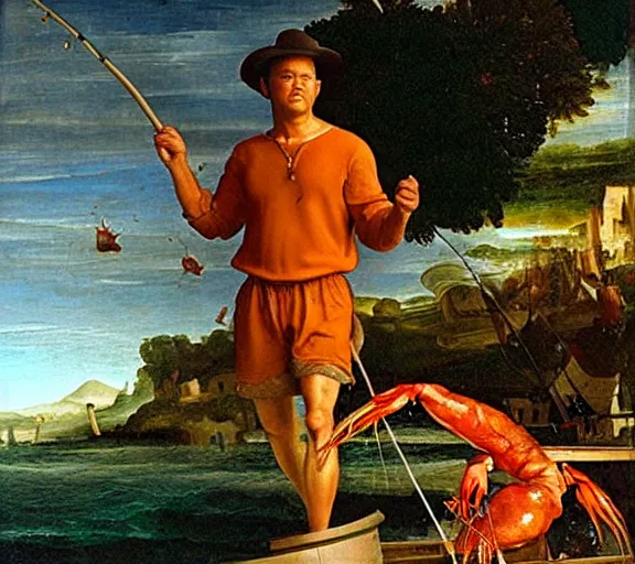 Image similar to Tom hanks as forrest fishing for shrimp in a giant shrimp boat, majestic beautiful world, renaissance painting, amazing detail