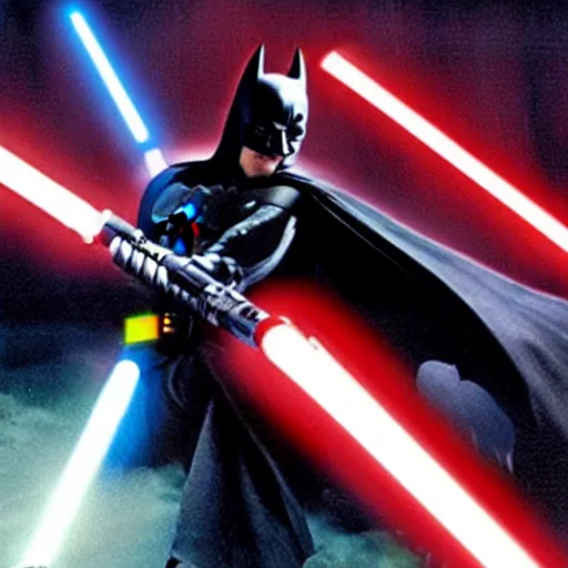 Image similar to photograph of batman engaging in a lightsaber battle in star wars 2 0 0 5