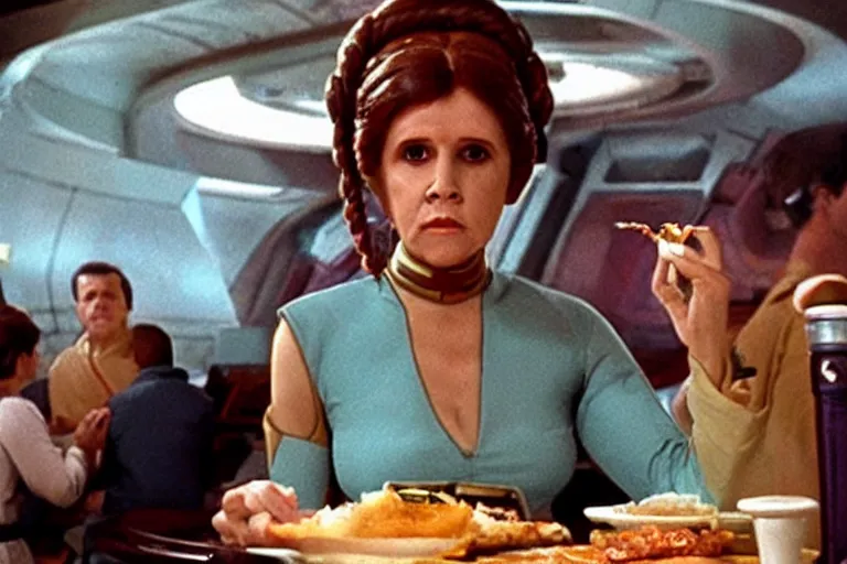 Prompt: princess leia having lunch at quark's bar on deep space nine