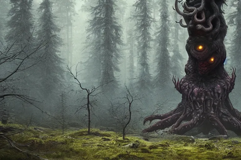 Image similar to dark eldritch monster in a swedish forest, very low angle photograph, very detailed, trending on artstation, realistic, soft colors, simon stålenhag, lovecraft, horror