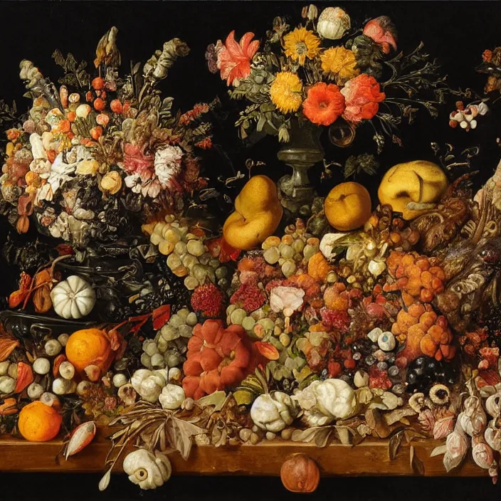 Prompt: victorian thanksgiving feast, flowers and fruits in a garden at night, black background, vanitas, a still life by giuseppe arcimboldo, a flemish baroque by jan van kessel the younger, intricate high detail masterpiece