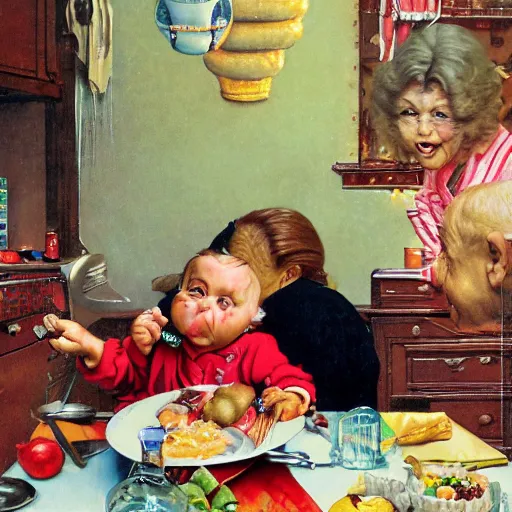 Image similar to hyper realistic hight detailed grandmother with a big mouth eating babies andivan shishkin on the table in the russian kitchen, by norman rockwell, bright colors, 4 k, 1 6 k, 3 2 k, photorealistic, cartoon style