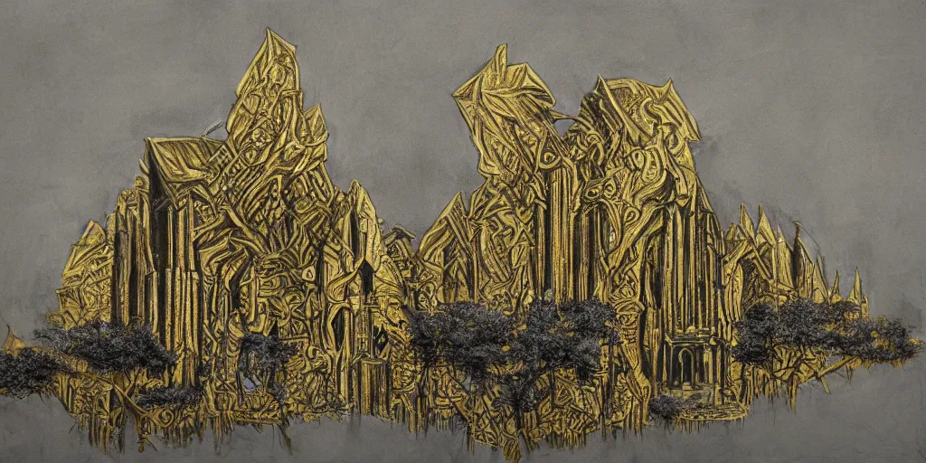 Prompt: charcoal art with adding gold leaf of monumental architecture inspired by h. p. lovecraft