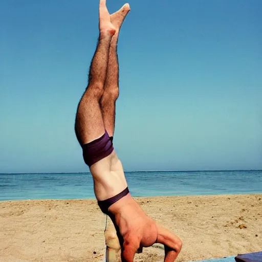 Image similar to benjamin netanyahu doing a headstand at the beach, rich colors, warm, summer