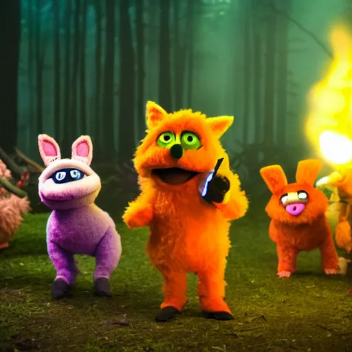 Prompt: a large fox furby muppet holding a lit torch and herding a bunch of random muppet animals following behind through a dark felt forest at night, sesame street, photograph, photography, ultrarealistic, national geographic