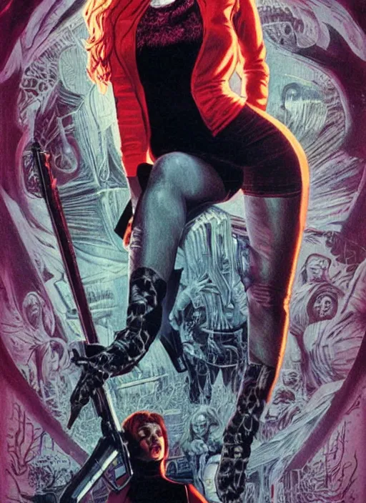 Image similar to scarlett johannson as the final girl on a vintage 1 9 8 0 s movie poster, slasher, horror, high details, intricate details, by vincent di fate, artgerm julie bell beeple, 1 9 8 0 s, inking, vintage 8 0 s print, screen print