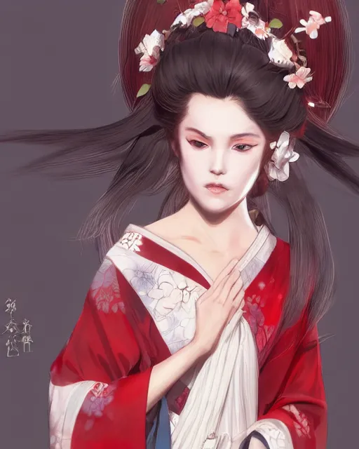 Image similar to Ssunbuki as a beautiful young kitsune wearing a red and white kimono, anime, portrait, visualartzi, concept art by Karla Ortiz, James Paick, Charlie Bowater, Krenz Cushart, highly detailed, ultra detailed, ultra realistic, trending on artstation, cgstudio