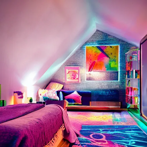 Prompt: hip bedroom of a millennial shot at night, high detail, neon lights, rug under bed, colorful art