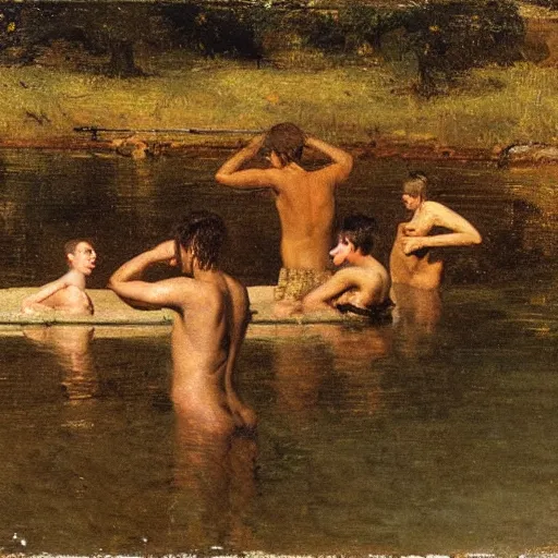 Prompt: oil painting by thomas eakins depicting a group of young men bathing at a swimming hole in rural england, 1 8 6 2, golden hour