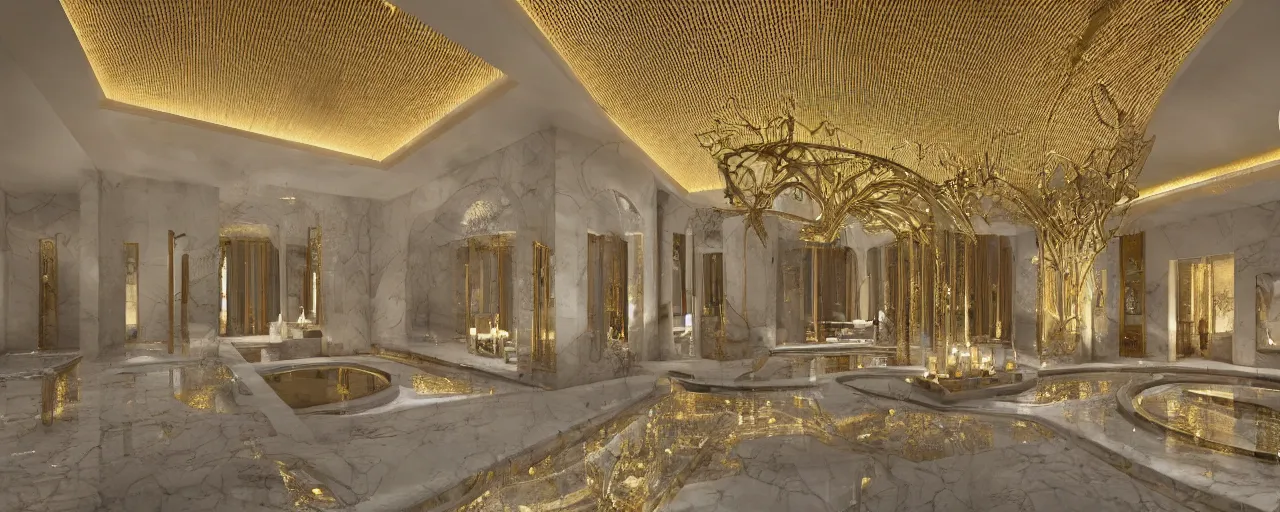 Image similar to interior of a double height luxury spa with everything made of gold, candles, beige marble floor, wellness pool, intricate detailed roof, contemporary design, sacred geometry, 8 k, hyperrealistic, photorealism, windows with view to wadi al disah mountains