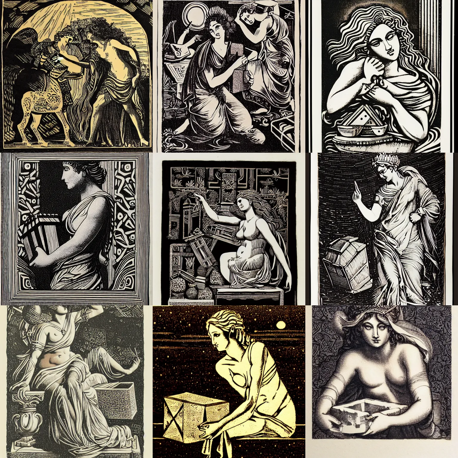 Prompt: Greek mythology pandora opening her box, block print, chiaroscuro, very beautiful, award-winning