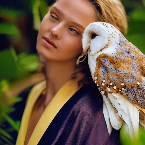 Image similar to head to shoulder portrait film photograph of an elegant top model wearing a yellow kimono with a very detailed barn owl on her shoulder!!! in a tropical greenhouse. looking at the camera!!. super resolution. 85 mm f1.8 lens.bokeh. graflex. by Alessio albi !