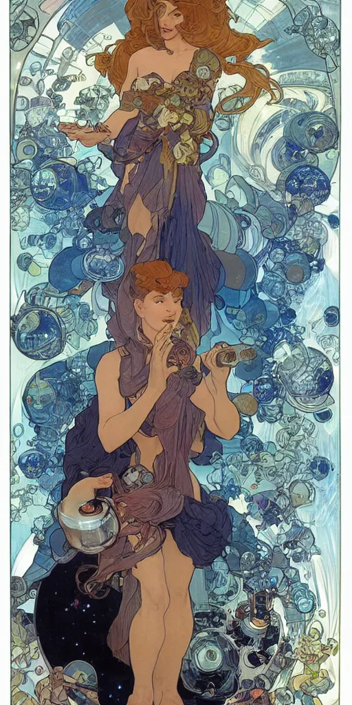 Image similar to a woman wearing outer space as a dress, pouring water from a vase into the milky way, by travis charest, by alphonse mucha, battle chasers.