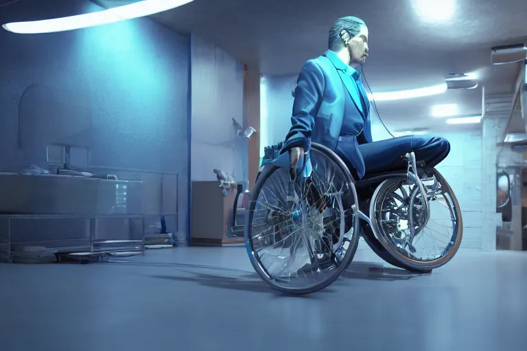 Image similar to ultra realistic details, hyper real, unreal engine 5, octane render, human on a wheelchair, blue neon two wheels, beautiful lighting, post processing