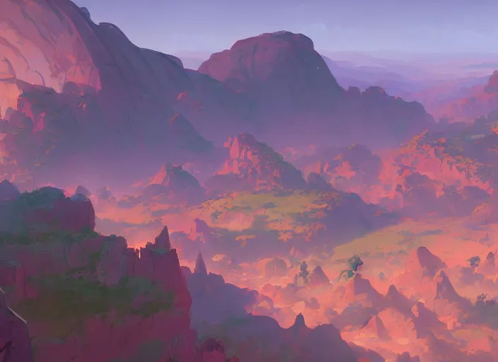 Image similar to concept art painting of a distant village in a valley seen from above, early morning, cel shaded, by makoto shinkai and moebius and anton fadeev and james gurney