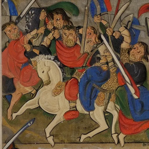 Image similar to A party of knights fighting a dragon, oil painting, 12th century